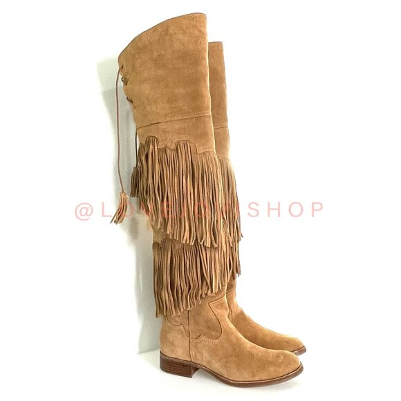 Bohemian | Sam Edelman Over-the-Knee Fringe Boots | Camel Tan Suede Western Tall - Picture 1 of 15